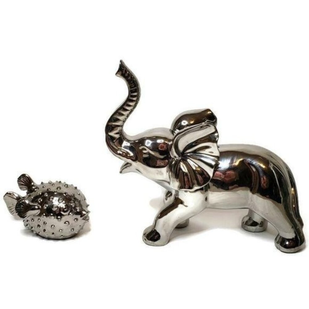 Silver Elephant & Puffer Fish Figurines Decorative Set